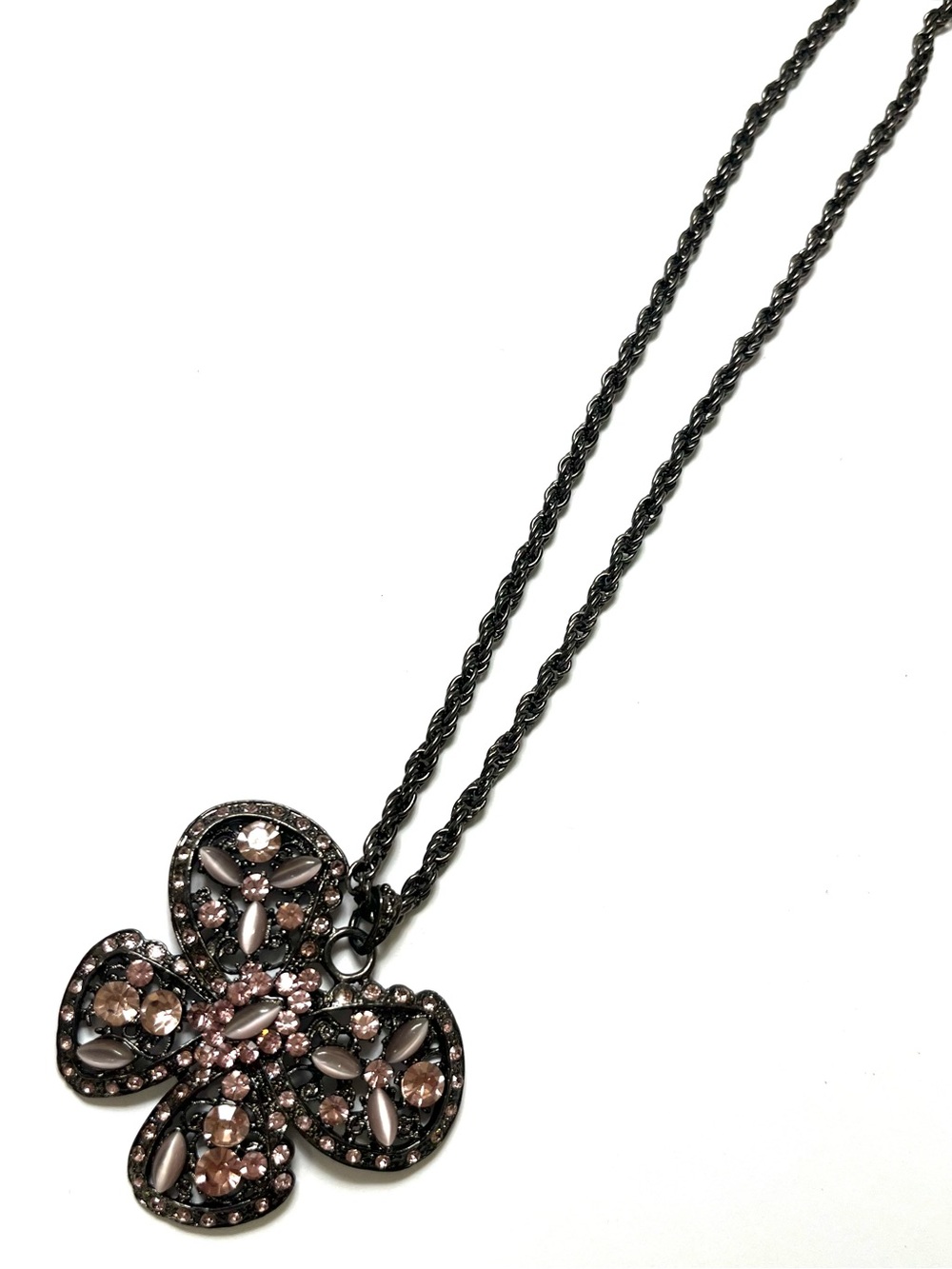 Women's Black Floral Pendant Necklace with Pink Crystals
